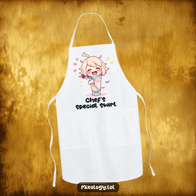 Funny delighted character apron showing a character stirring a drink with an exaggerated swirl.