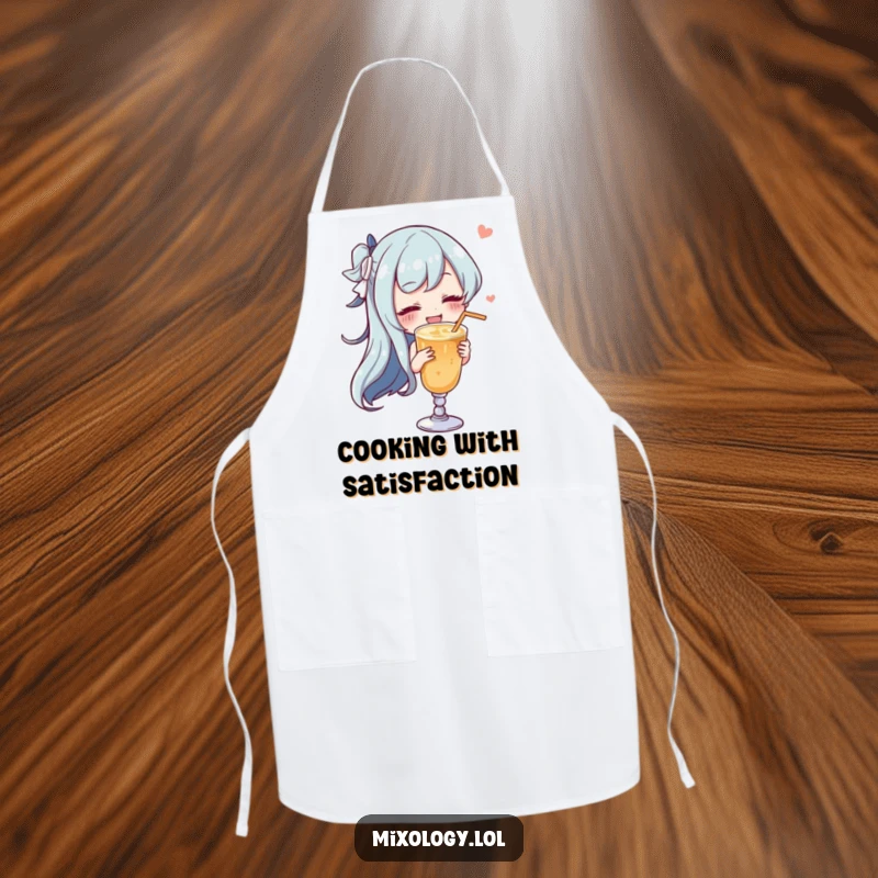 Funny character gracefully swirling a drink with a satisfied sigh, printed on a practical kitchen apron.