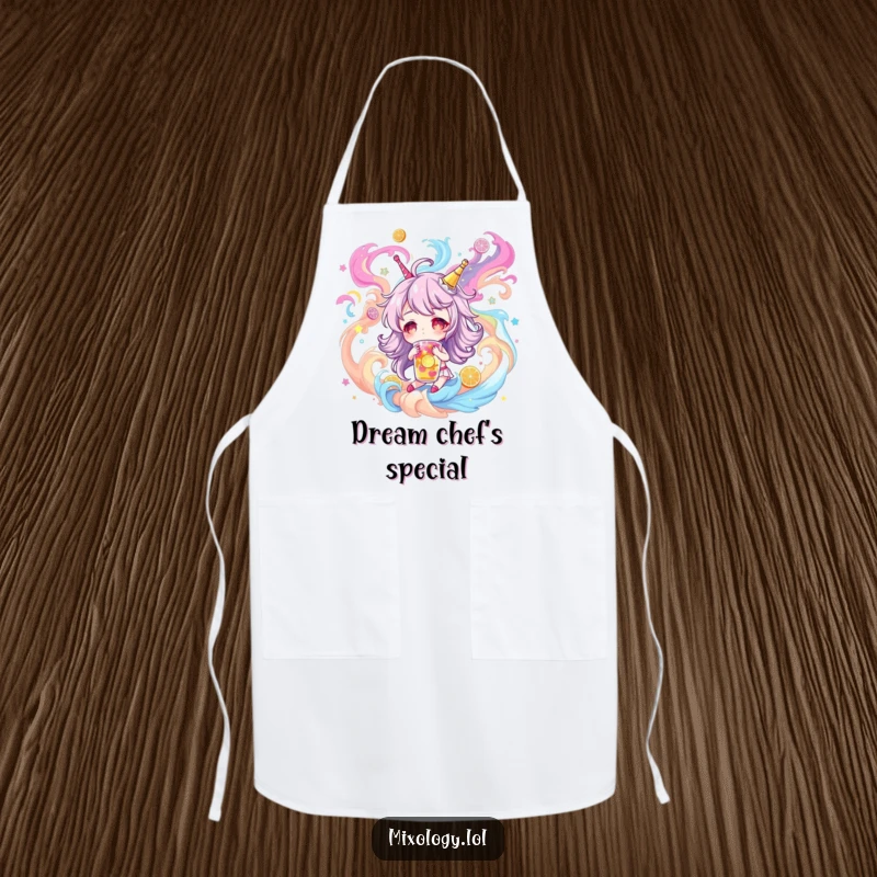 Funny Apron: Character dreaming of magical drinks, perfect for creative cooking, a functional and funny gift.