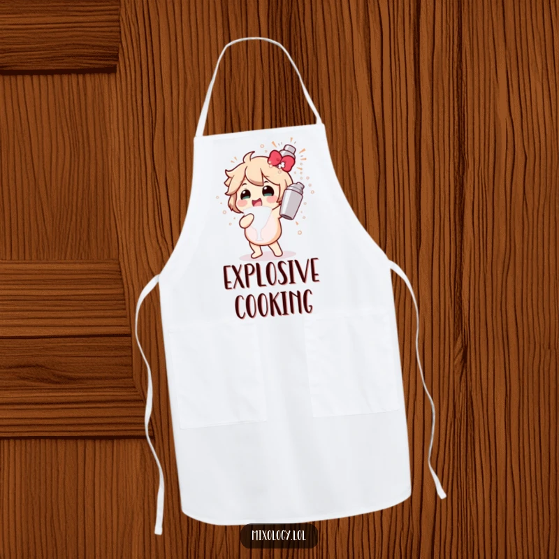 Funny apron featuring a character gleefully shaking a cocktail shaker, symbolizing a bubbly explosion of culinary fun.