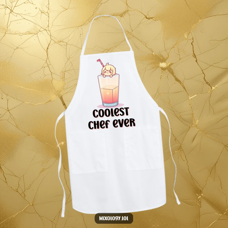 Funny Apron: Cheerful character relaxes on a giant ice cube in a drink, perfect for a cool and humorous cook.