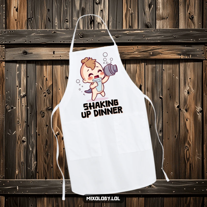Funny Apron: A cute character excitedly shaking a cocktail shaker, creating frothy bubbles, a humorous and practical kitchen accessory.