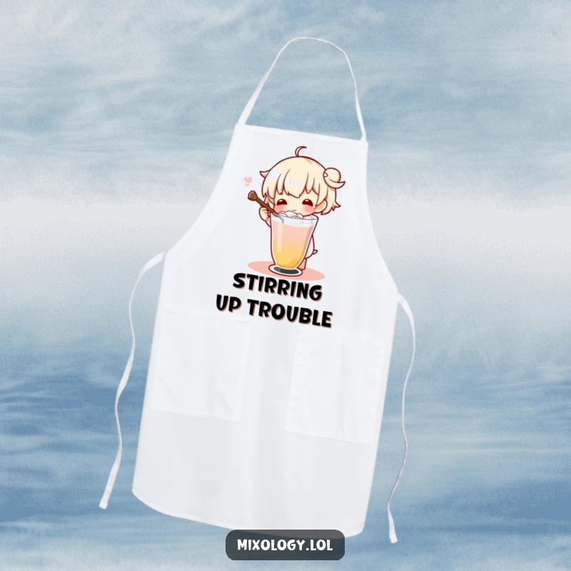 Funny character using a long stirrer to swirl a drink, ideal for kitchen enthusiasts with a flair for cocktails on an apron.