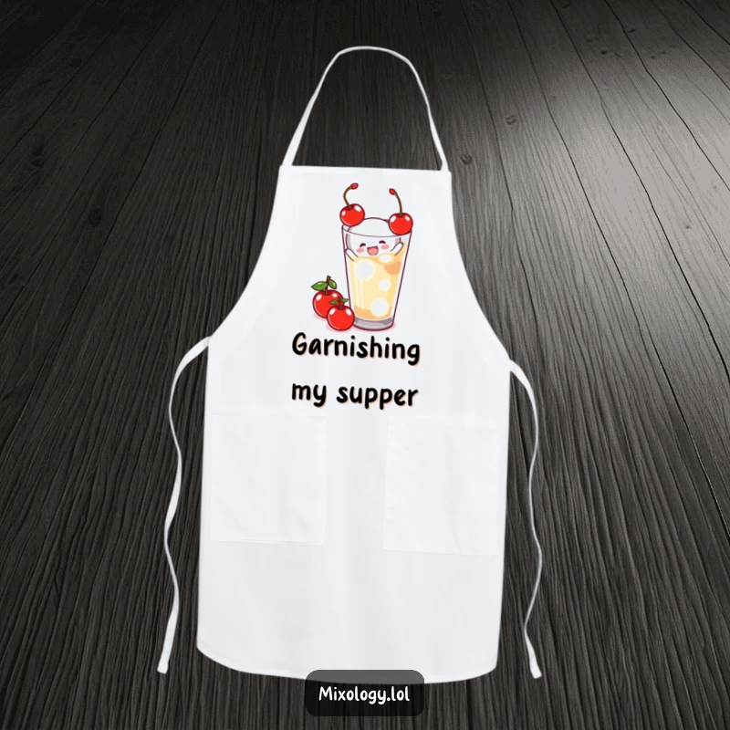 Funny Apron featuring a tiny chef figure joyfully garnishing a drink, perfect for adding humor to kitchen activities.