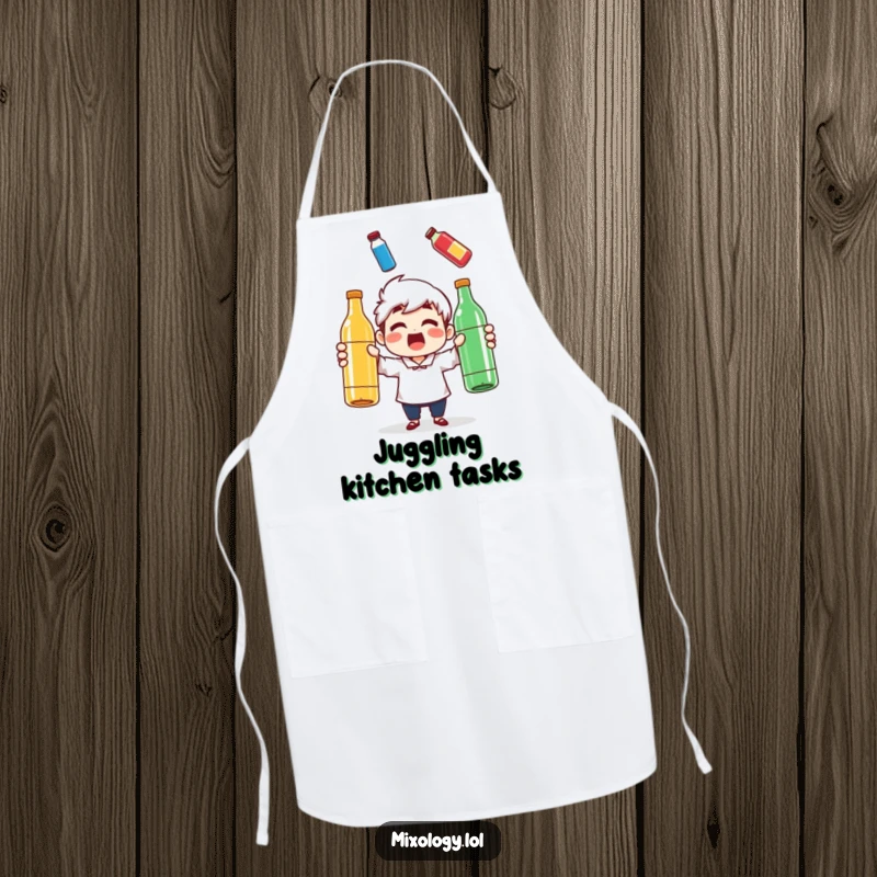 Funny apron with a character's surprised grin, juggling three colorful bottles, ideal for a humorous kitchen gift.