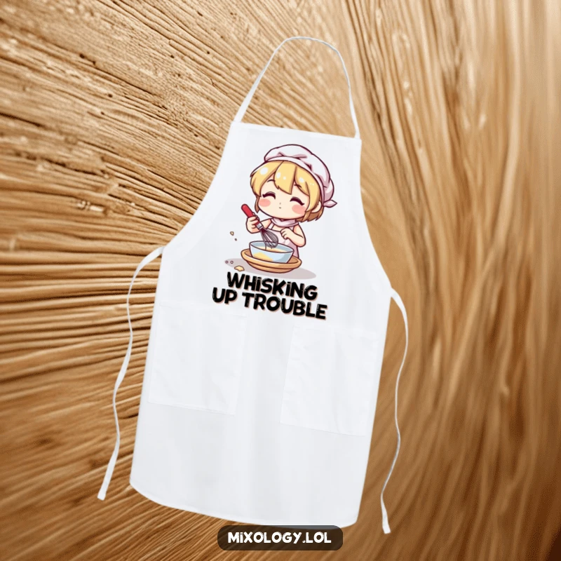 Funny apron showcasing a character mixing ingredients with a small whisk, designed for culinary fun and humor.