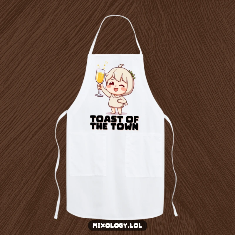 Funny Apron: Joyful character raising a toast with a sparkling beverage, ideal for festive cooking.