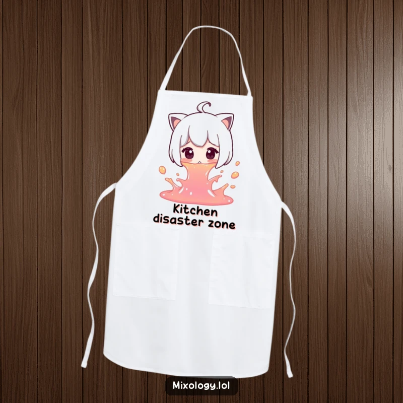 Funny Spill Apron: A character in an apron gasps in surprise while accidentally spilling colorful liquid.