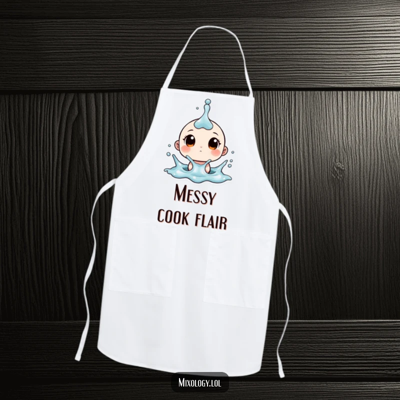 Funny apron showing a tiny character with wide eyes reacting to a splash, ideal for kitchen fun.
