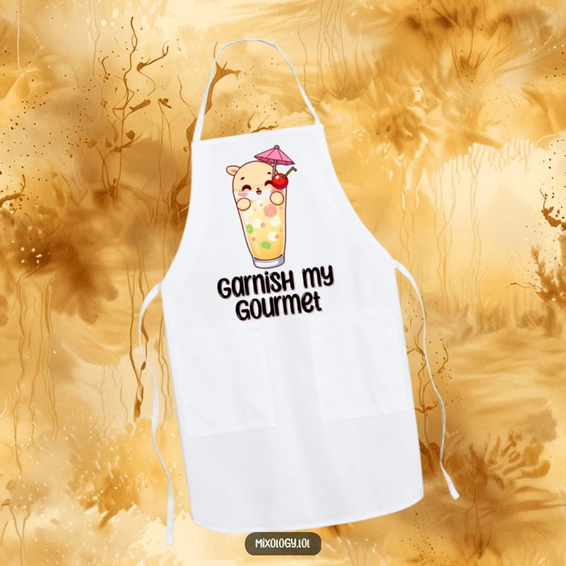 Funny apron with a curious character garnishing a drink with an umbrella and cherry, perfect for kitchens, BBQs, and culinary presentations.