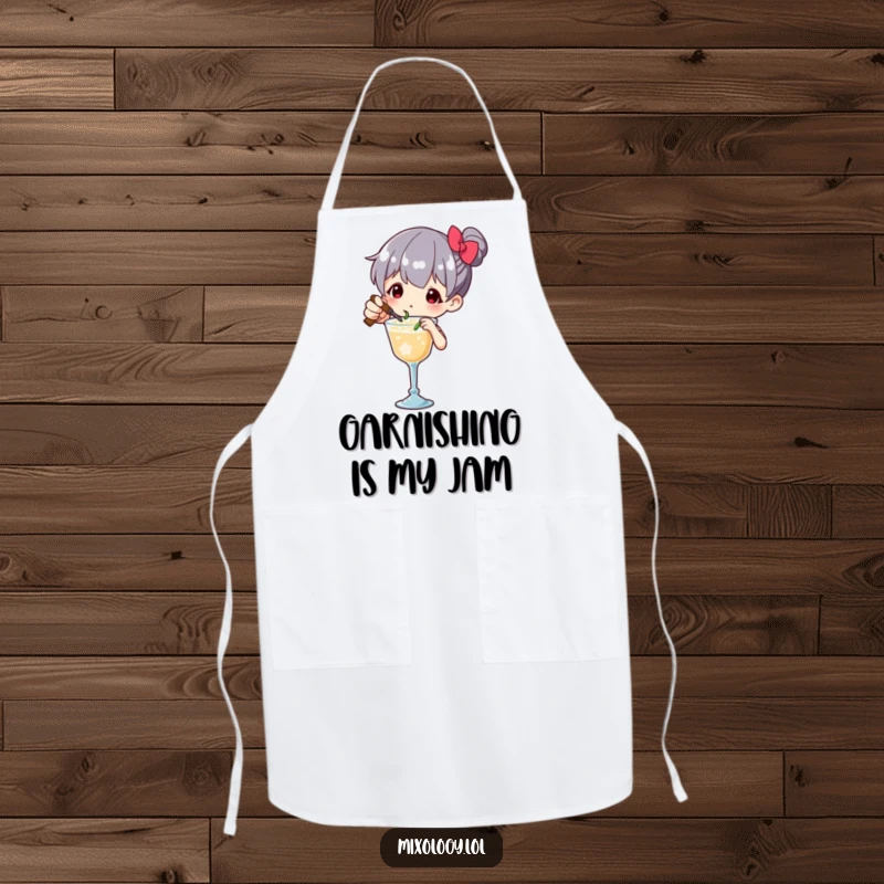 Funny Apron showing a character meticulously garnishing a drink with tiny, flourish-filled movements, perfect for kitchen humor.