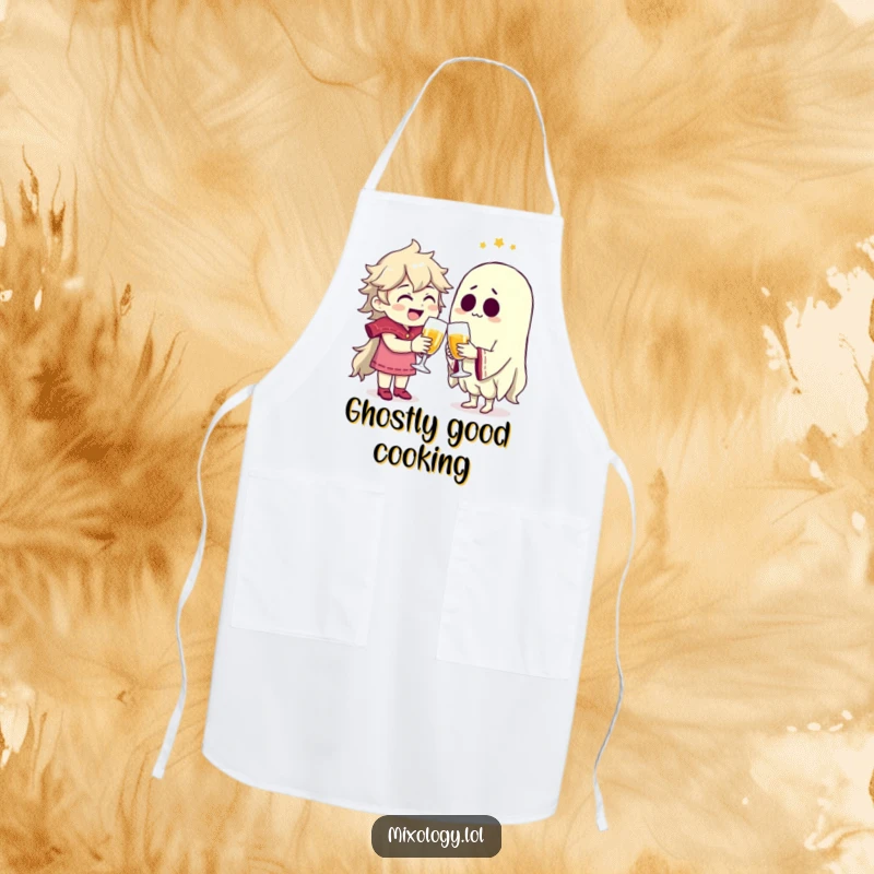 Funny character joyfully clinking glasses with a spectral friend, printed on a practical kitchen apron.