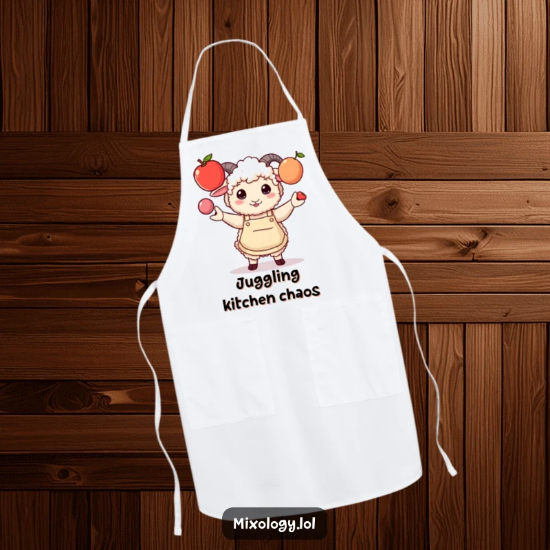 Funny apron featuring a fluffy sheep in a stylish apron comically juggling three fruits, perfect for kitchen fun.