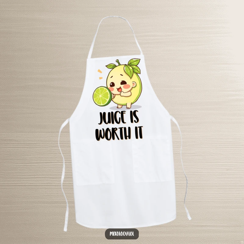 Funny apron showcasing a character putting in maximum effort to squeeze a lime, designed for humorous kitchen tasks.