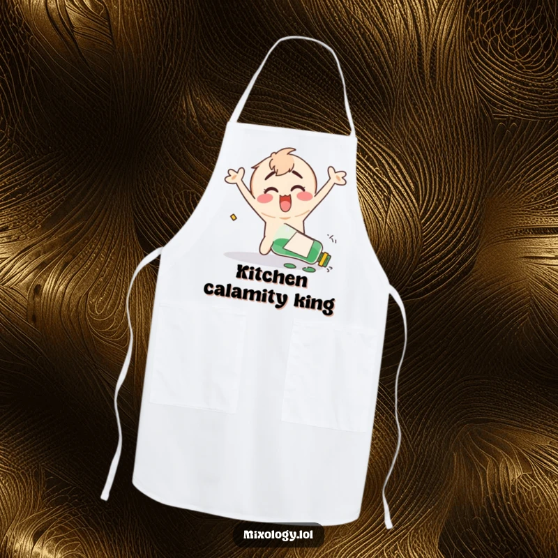 Funny apron showing a clumsy character happily flailing their arms after accidentally knocking over a bottle, perfect for kitchen humor.