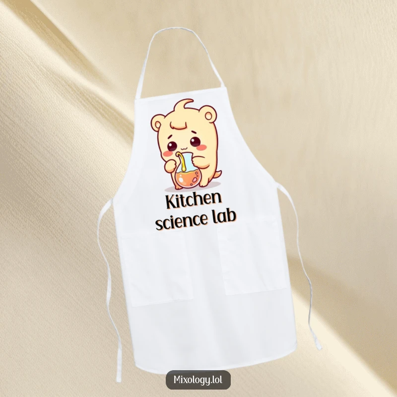 Funny apron showing a surprised kawaii scientist character comically pouring liquid from a beaker, ready for a hilarious kitchen experiment.