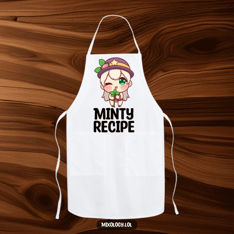 Funny apron illustration of a character winking while holding a sprig of mint, perfect for kitchen or garden use.
