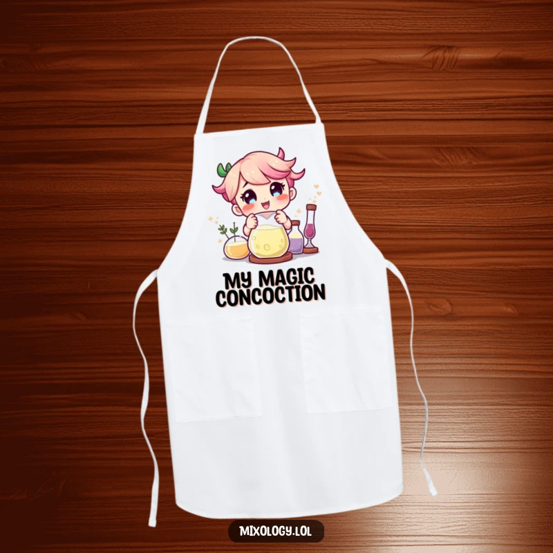 Funny character delighted by magical ingredients combining in a beaker, printed on a practical kitchen apron.