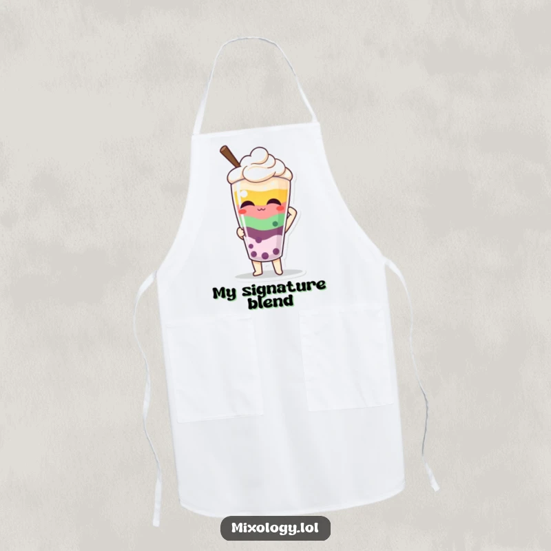 Funny apron showing a character proudly presenting a colorful, layered beverage, perfect for a stylish cooking experience.