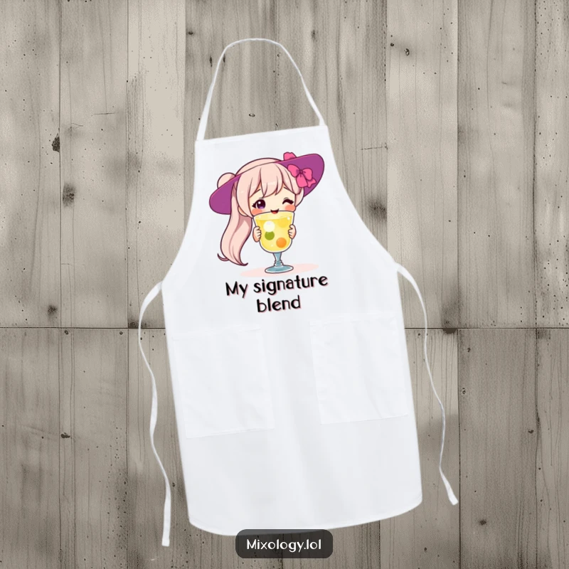 Funny Apron: Enthusiastic character proudly presenting a cocktail, perfect for kitchen adventures and parties, a functional and funny gift.