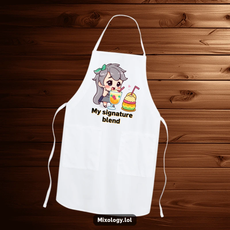 Funny apron showing a character with a confident nod, admiring a colorful and masterfully prepared drink or dish, perfect for kitchen flair.