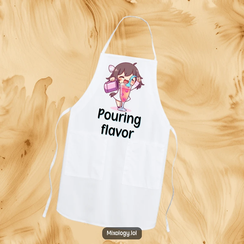 Funny apron with a character excitedly pouring a vibrant liquid into a tall glass, symbolizing creative beverage making.