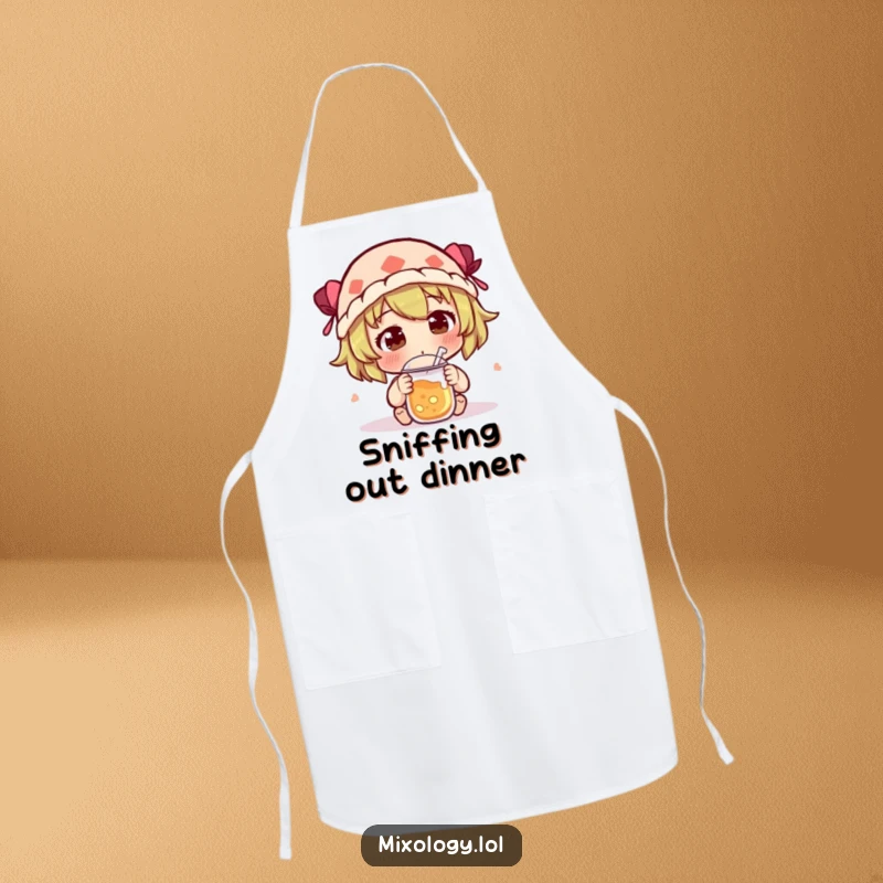 Funny Apron showing a character curiously sniffing a new concoction with an intrigued expression, perfect for kitchen experiments.