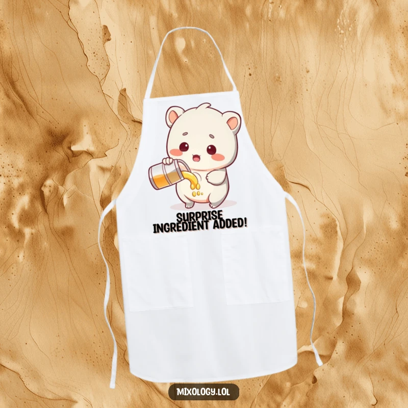 Funny Apron featuring a sweet creature with a surprised expression while pouring liquid, perfect for adding humor to cooking.