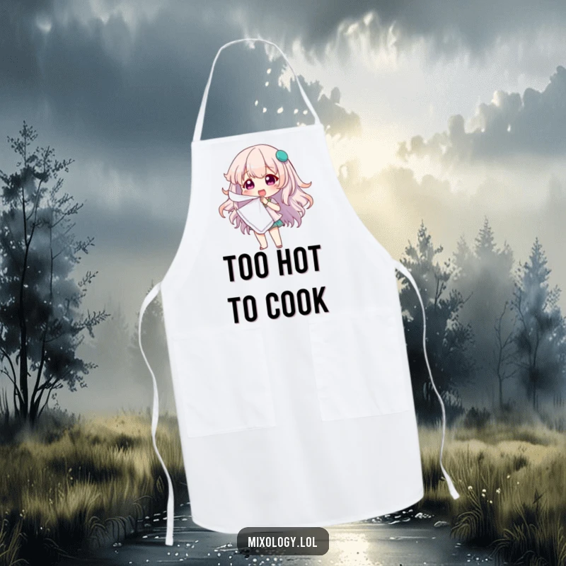 Funny apron with a cute character dramatically fanning themselves with a cocktail napkin, bringing humor to kitchen duties.