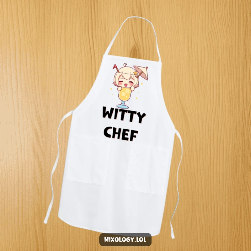 Funny apron with a character playfully garnishing a drink with a tiny umbrella and a wink, adding culinary charm.