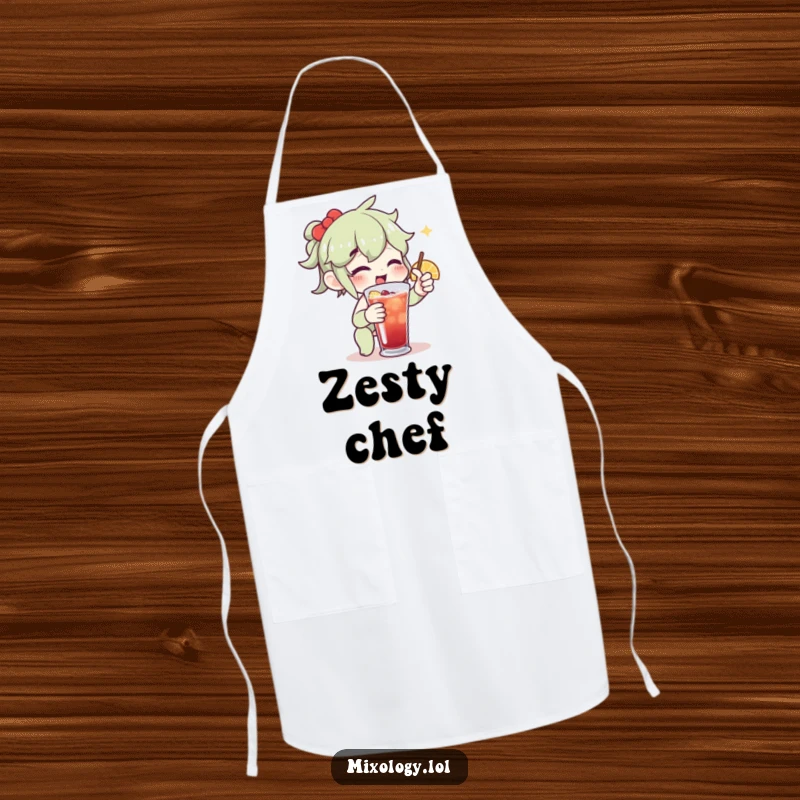 Funny apron illustration of an enthusiastic character adding a twist to a drink, perfect for kitchen or bar use.