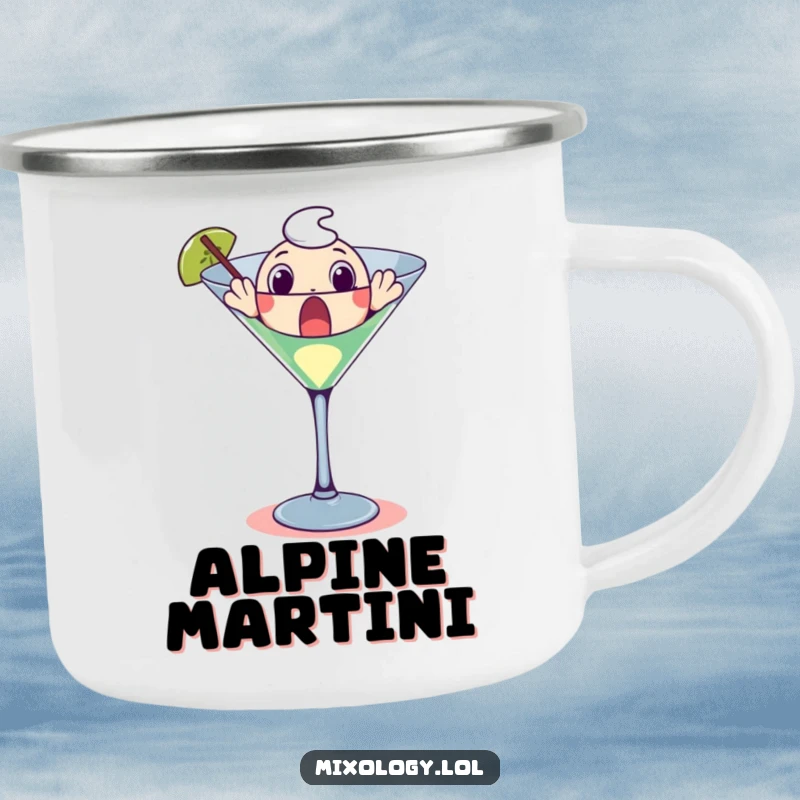 Funny camping mug featuring a surprised character emerging from a large martini glass, suitable for any outdoor setting.