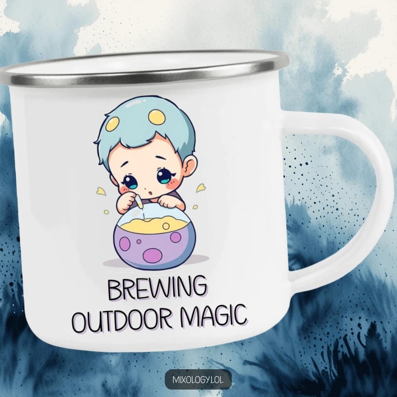 Funny camping mug featuring a curious character inspecting a steaming, bubbling concoction under a starry night sky.