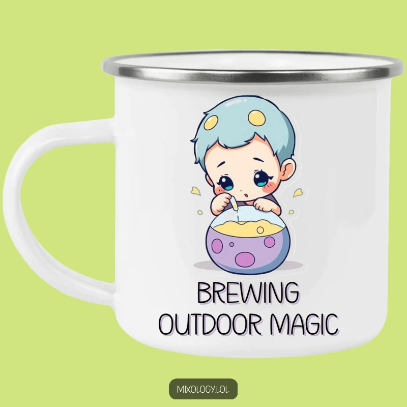 Funny Campfire Potion Mug: Curious character inspecting concoction, outdoor science gift.