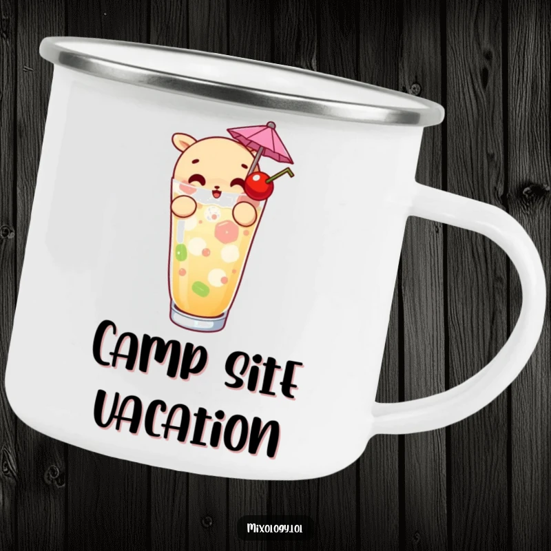 Funny camping mug with a curious character adding a tiny umbrella and cherry to a drink, durable and humorous for outdoor enthusiasts.