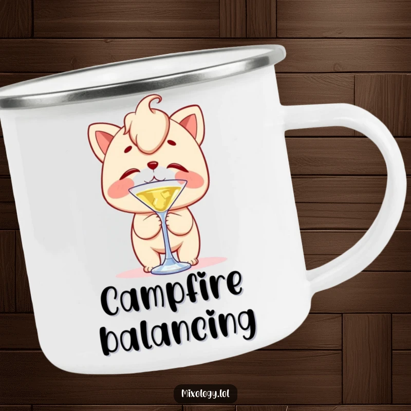 Funny camping mug showing a character with clumsy delight, balancing a cocktail stirrer on their nose, perfect for outdoor humor.