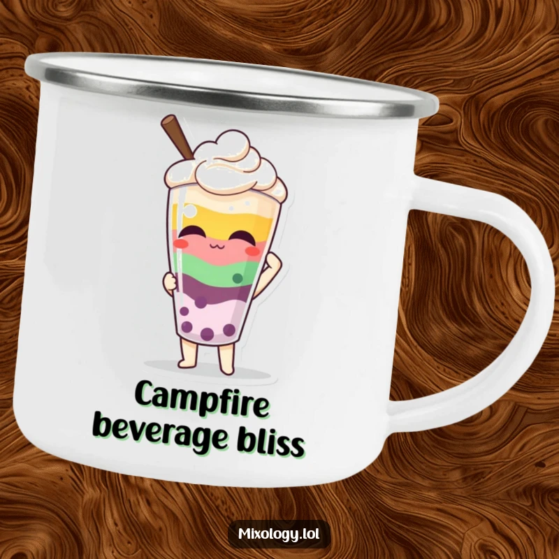 Funny camping mug featuring a character proudly presenting a colorful, layered beverage, great for outdoor enjoyment.