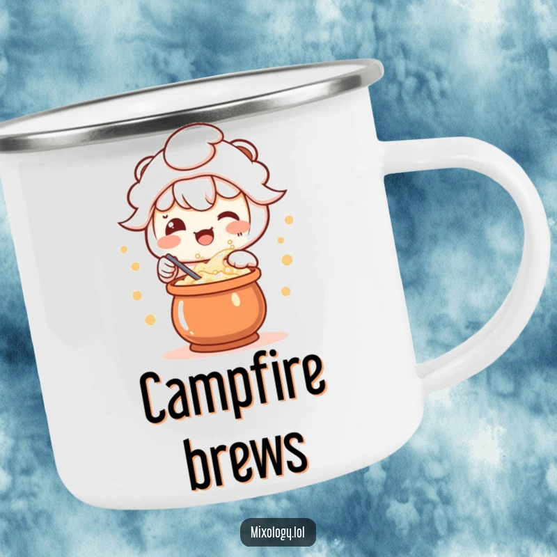 Funny camping mug featuring a delighted kawaii character stirring a bubbling potion, perfect for enjoying drinks outdoors.