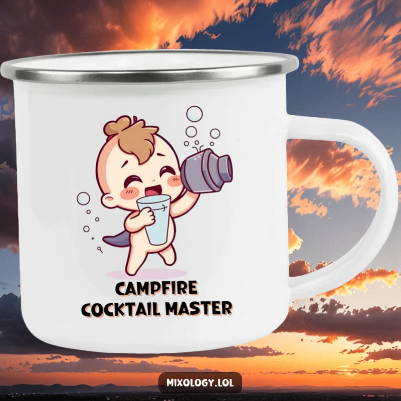 Funny Camping Mug: A cute character shaking a cocktail shaker with frothy bubbles, perfect for humorous outdoor celebrations.