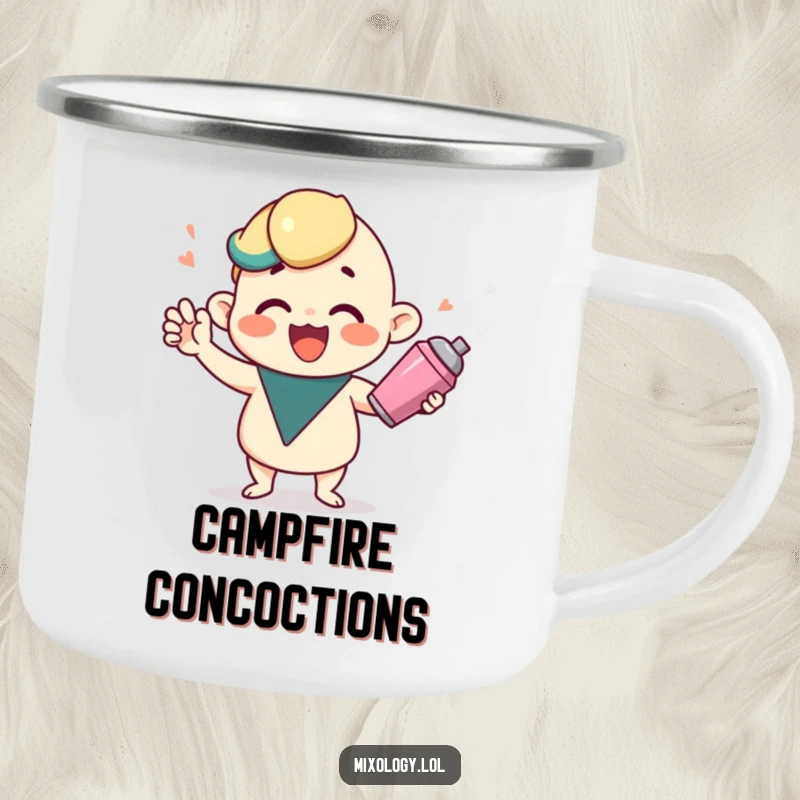 Funny camping mug with a cute character shaking a cocktail shaker, designed for outdoor parties and joyful mixology.