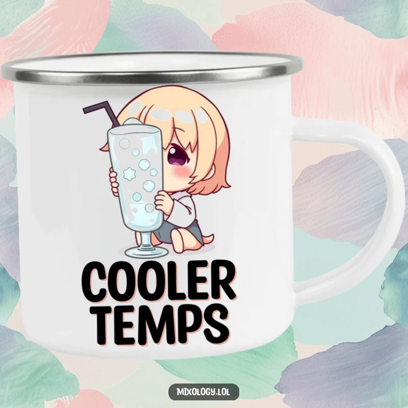 Funny Camping Mug featuring a character admiring a frosty glass, built for outdoor adventures and cool refreshment.