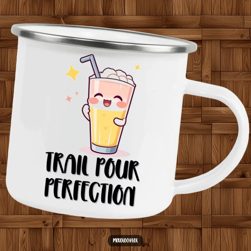 Funny camping mug showing a character applauded for a perfect drink pour, durable and humorous for outdoor enthusiasts.