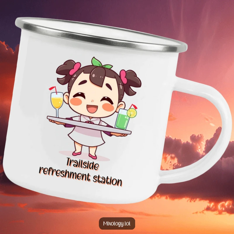 Funny character camping mug, balancing a tray of drinks with a grin, ideal for sipping beverages during outdoor events.