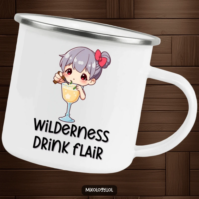 Funny Camping Mug showing a character meticulously garnishing a drink with tiny, flourish-filled movements, for outdoor enthusiasts.