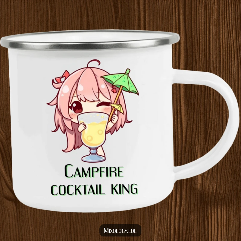 Funny camping mug showing a winking character garnishing a drink with a tiny umbrella, perfect for stylish outdoor sipping.