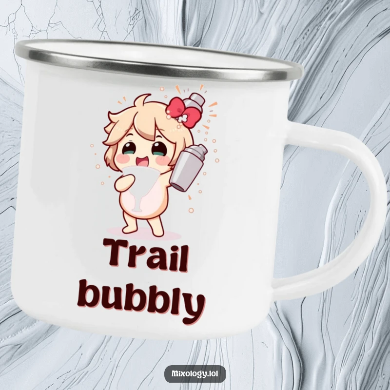 Funny camping mug featuring a character gleefully shaking a cocktail shaker, creating a bubbly explosion for outdoor enjoyment.