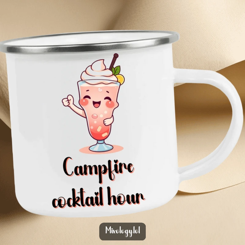 Funny camping mug featuring a character playfully garnishing a drink, perfect for enjoying beverages outdoors.