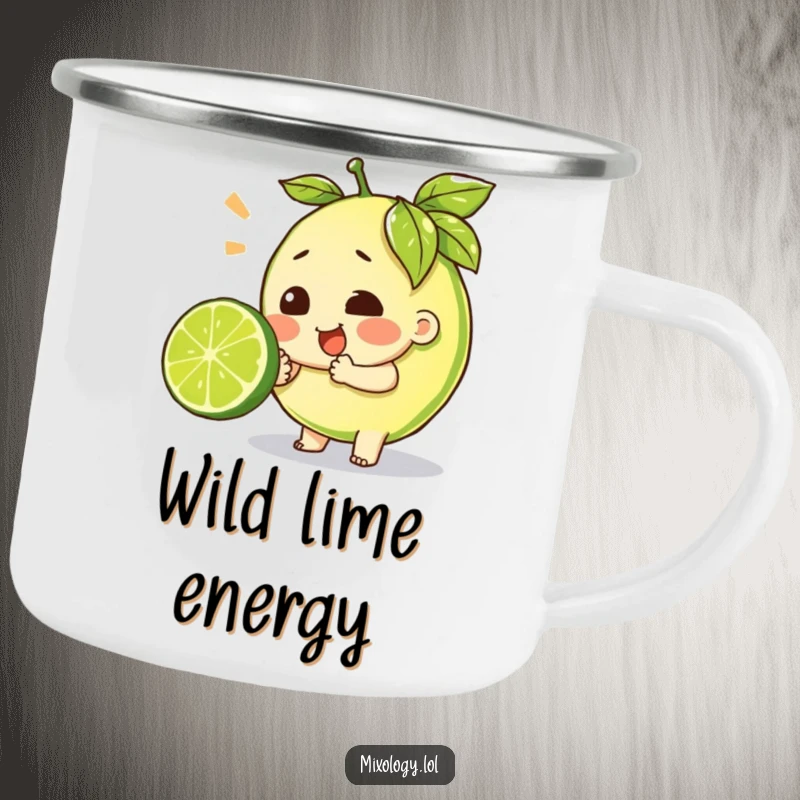 Funny camping mug with a character straining to squeeze a lime, perfect for outdoor brews and humorous appreciation of effort.