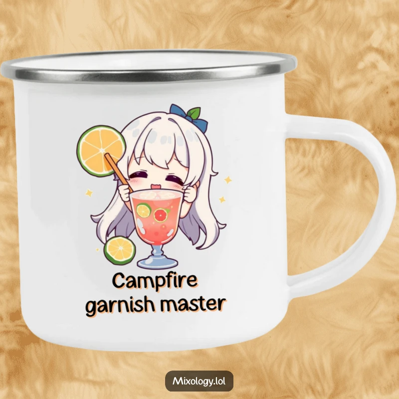 Funny character camping mug, joyfully garnishing a drink with fruit, ideal for sipping beverages during outdoor celebrations.