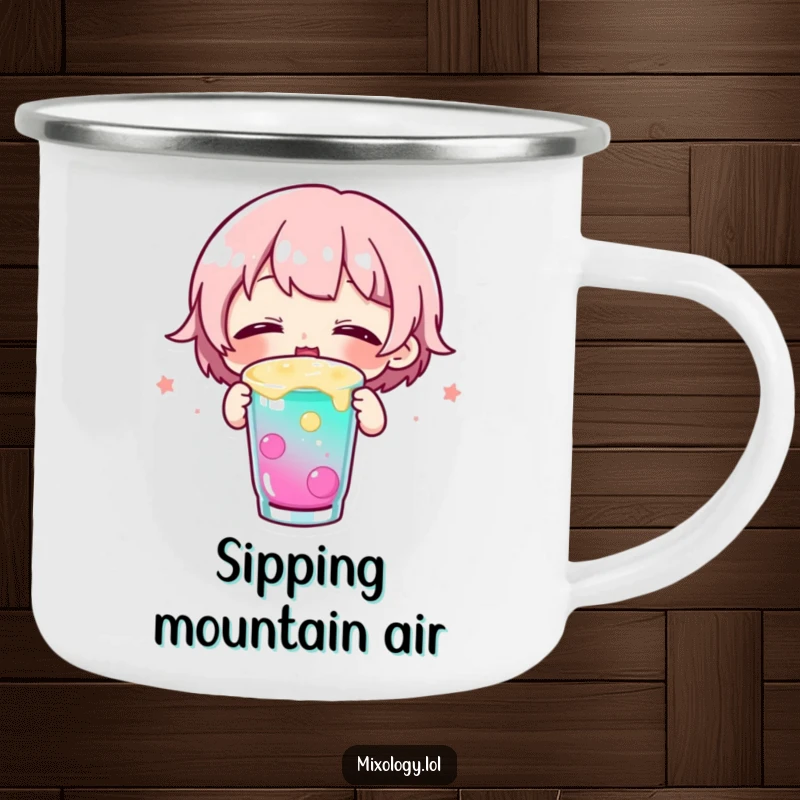 Funny camping mug showing a small character joyfully sipping a colorful drink with eyes closed, perfect for happy outdoor hydration.